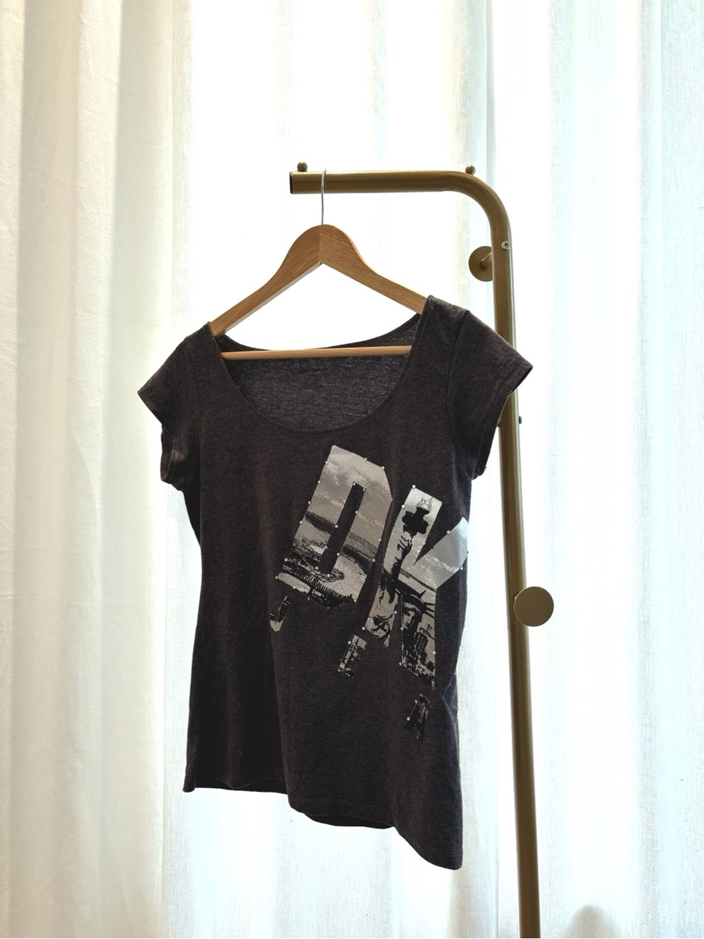 DKNY Bedazzled Graphic Short Sleeve Tee in Gray Approx Size Small